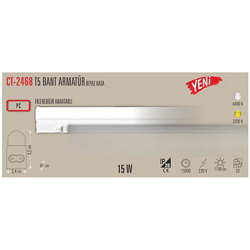 Cata Ct-2468 15W T5 Ledli Bant Armatür / Beyaz