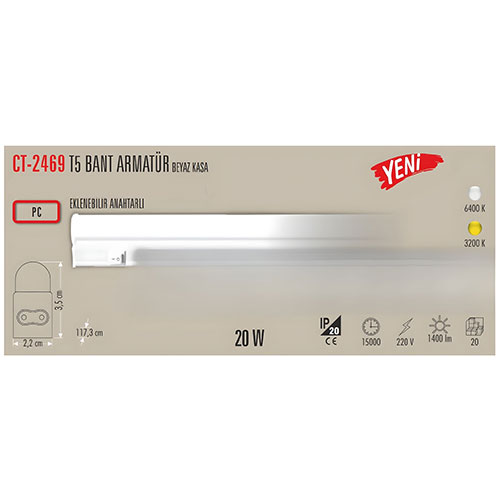 Cata Ct-2469 20W T5 Ledli Bant Armatür Günışığı - Görsel 6