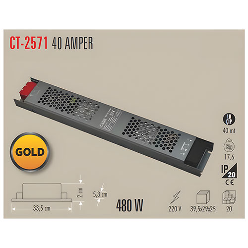 Cata Ct-2571 40 Amper Süper Slim Şerit Led Trafosu 480W Cata Ct-2571 40 Amper Süper Slim Şerit Led Trafosu 480W