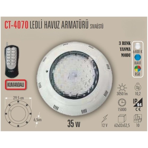 Cata Ct-4070 Ledli Havuz Armatürü / Beyaz+Mavi+RGB
