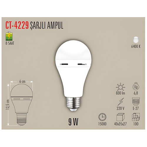Cata Ct-4229 9W Şarjlı Led Ampul / Beyaz