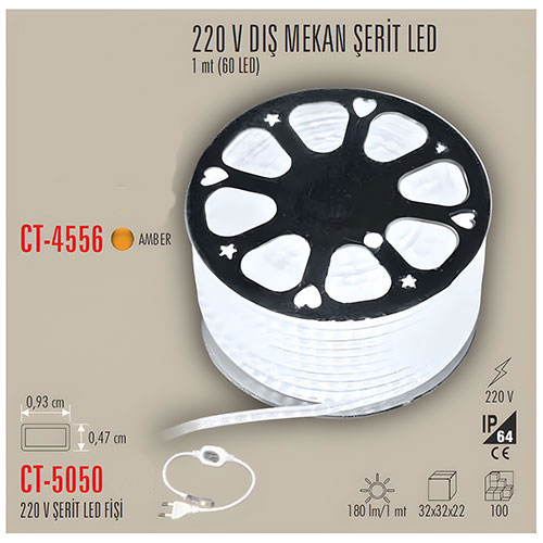 Cata Ct-4556 220V Dış Mekan 3 Çip Şerit Led - Amber