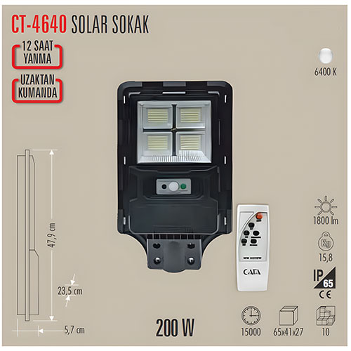 Cata Ct-4640 200W Solar Sokak Armatürü Beyaz