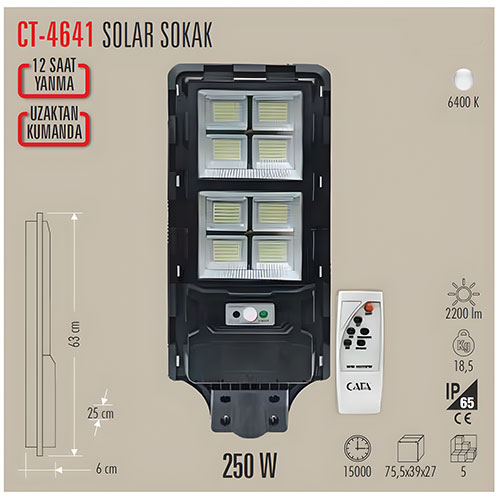 Cata Ct-4641 250W Solar Sokak Armatürü - Beyaz