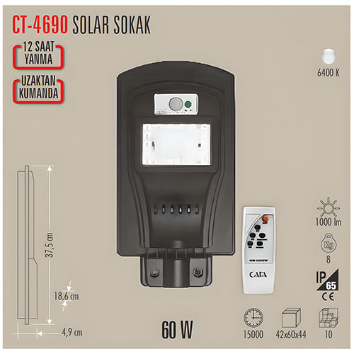 Cata Ct-4690 60W Solar Sokak Armatür /Beyaz