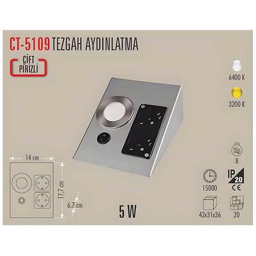Cata CT-5109 2W Tezgah Altı Priz Günışığı Cata CT-5109 2W Tezgah Altı Priz Günışığı