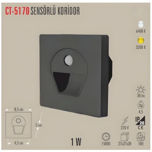 Cata Ct-5170 1W Sensörlü Ledli Koridor Armatür Siyah Kasa - Günışığı