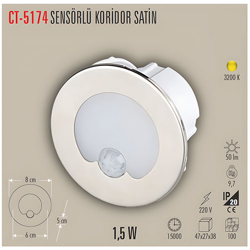 Cata Ct-5174 Radar Sensörlü Koridor Aydınlatma 2,5W /Günışığı Cata Ct-5174 Radar Sensörlü Koridor Aydınlatma 2,5W /Günışığı