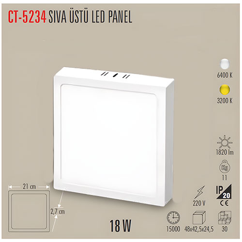 Cata Ct-5234 Eco 18W Panel Led Kare Armatür / Günışığı Cata Ct-5234 Eco 18W Panel Led Kare Armatür / Günışığı