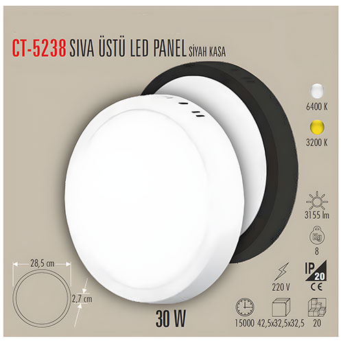 Cata Ct-5238 30W Sıva Üstü Siyah Kasa Panel Led Armatür / Günışığı