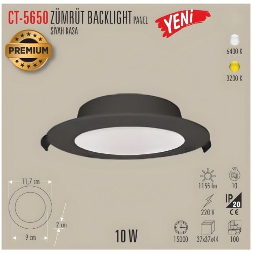 Cata Ct-5650 10W Zümrüt Backlight Panel Siyah Kasa Beyaz Işık