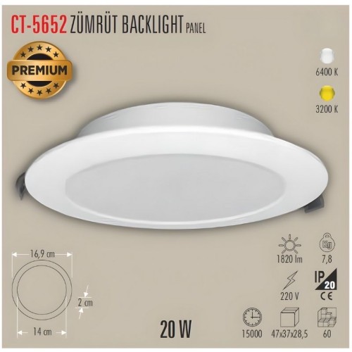 Cata Ct-5652 20W Zümrüt Backlight Panel Beyaz
