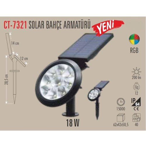 Cata Ct-7321 18W Solar Bahçe Armatürü / RGB