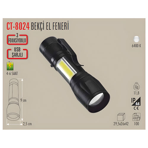 Cata Ct-8024 Police Şarjlı Ledli Cep El Feneri